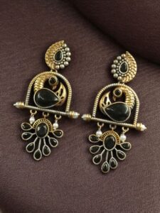Traditional Ethnic Two-Tone Earrings | Pearl & Stone Antique Peacock Inspired Amazing Jewelry - color: "Black"