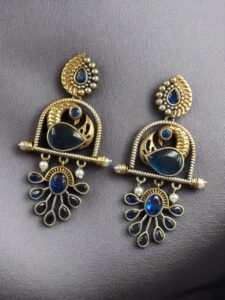 Traditional Ethnic Two-Tone Earrings | Pearl & Stone Antique Peacock Inspired Amazing Jewelry - color: "Blue"