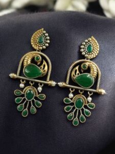 Traditional Ethnic Two-Tone Earrings | Pearl & Stone Antique Peacock Inspired Amazing Jewelry - color: "Green"