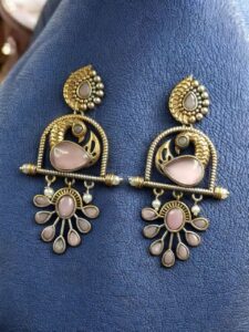 Traditional Ethnic Two-Tone Earrings | Pearl & Stone Antique Peacock Inspired Amazing Jewelry - color: "Baby Pink"