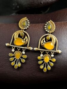 Traditional Ethnic Two-Tone Earrings | Pearl & Stone Antique Peacock Inspired Amazing Jewelry - color: "Yellow"