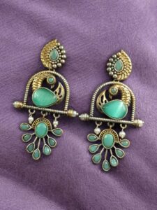 Traditional Ethnic Two-Tone Earrings | Pearl & Stone Antique Peacock Inspired Amazing Jewelry - color: "Mint"