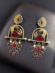 Traditional Ethnic Two-Tone Earrings | Pearl & Stone Antique Peacock Inspired Amazing Jewelry - color: "Red"