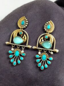 Traditional Ethnic Two-Tone Earrings | Pearl & Stone Antique Peacock Inspired Amazing Jewelry - color: "Aqua"