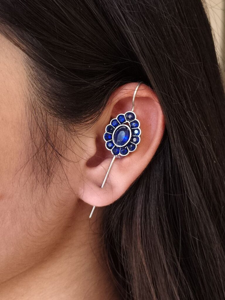 Ethnic Oxidized Earcuff | Silver Replica with Stone Detailing Traditional Best Jewelry