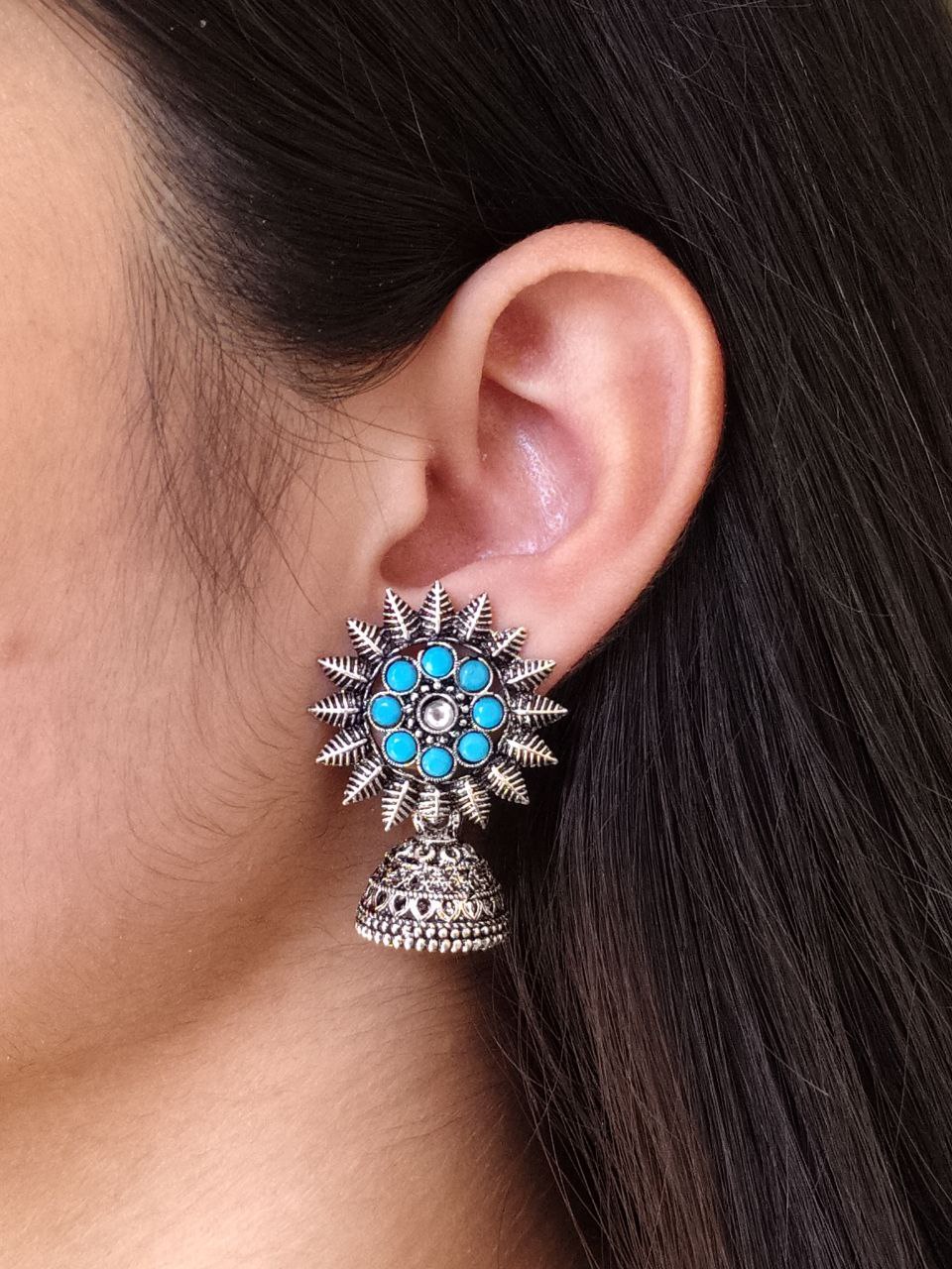 Traditional Oxidized Jhumka Earrings | German Silver Stone Work Amazing Jewelry 1 Traditional Oxidized Jhumka Earrings with Stone Work