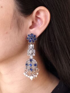Silver Replica Owl Earrings with Stone & Pearl Flower Design