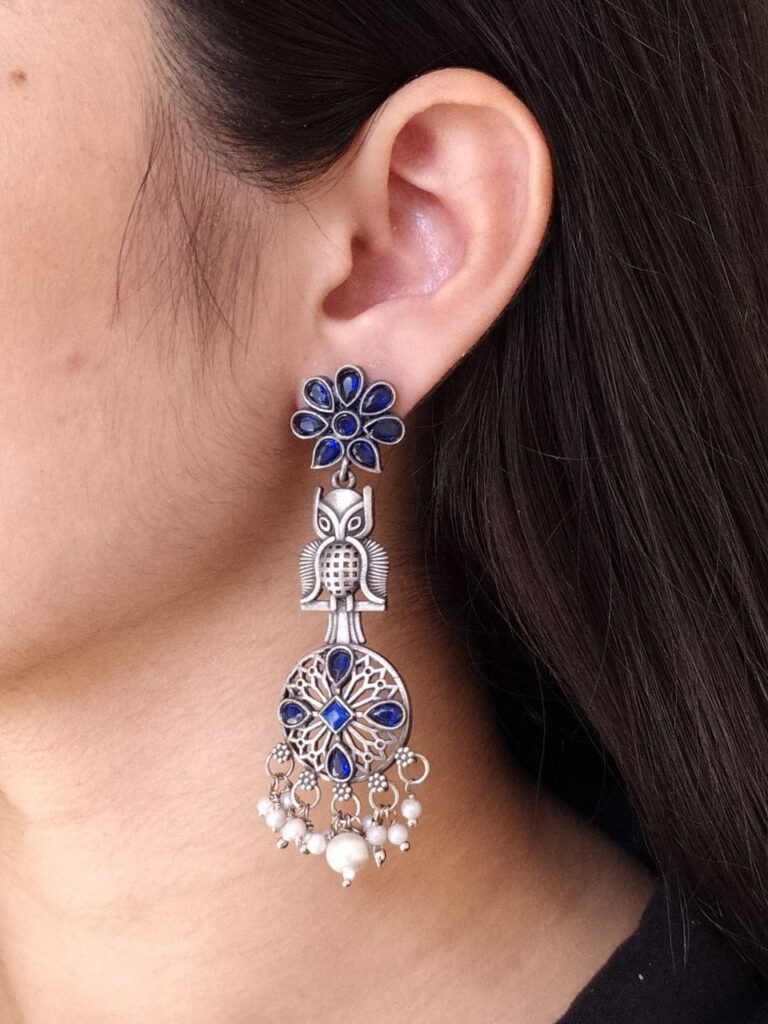 Silver Replica Owl Earrings | Oxidized Stone & Pearl Work Flower Design Unique Jewelry