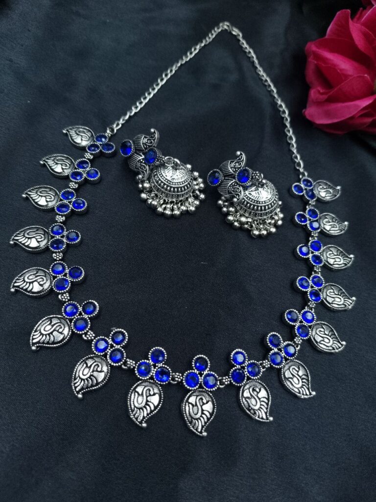 Traditional Silver Plated Necklace Set | Stone Work Ethnic Choker Jewelry