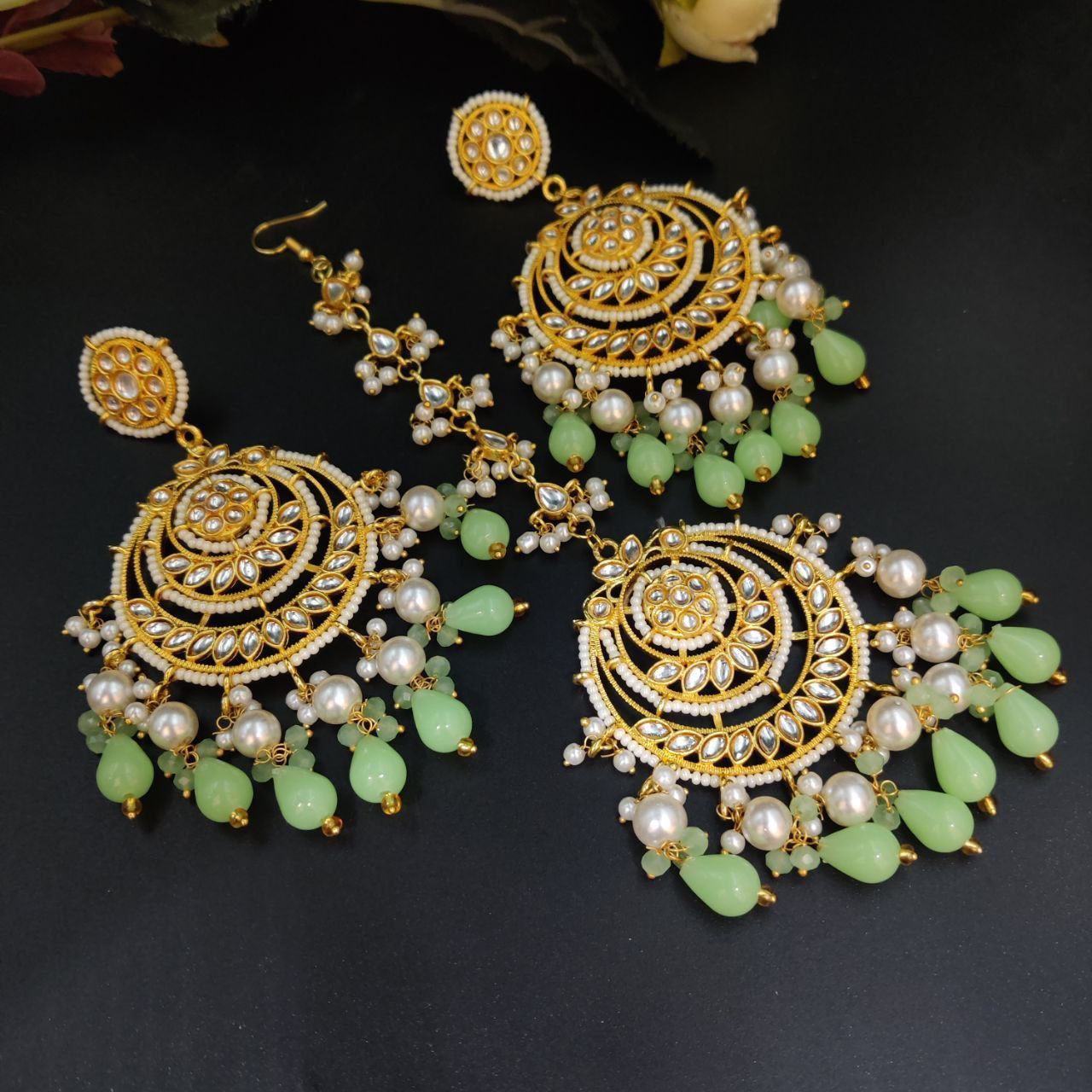Kundan Meena Earrings with Maangtika | Pearl Detailing Ethnic Wedding Jewelry 1 Kundan Meena Earrings with Maangtika | Pearl Detailing Ethnic Wedding Jewelry