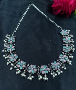 Traditional Flower Design Choker Necklace | Pearl & Stone Work Best Jewelry - color: "Baby Pink-Mint"