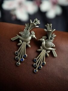 Stylish Bird Stud Earrings | Silver Replica with Stone Detailing Best Designer Jewelry - color: "Blue"