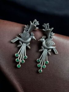 Stylish Bird Stud Earrings | Silver Replica with Stone Detailing Best Designer Jewelry - color: "Green"