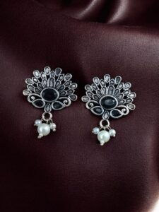 German Silver Unique Stud Earrings | Ethnic Pearl & Stone Work Jewelry - color: "Black"