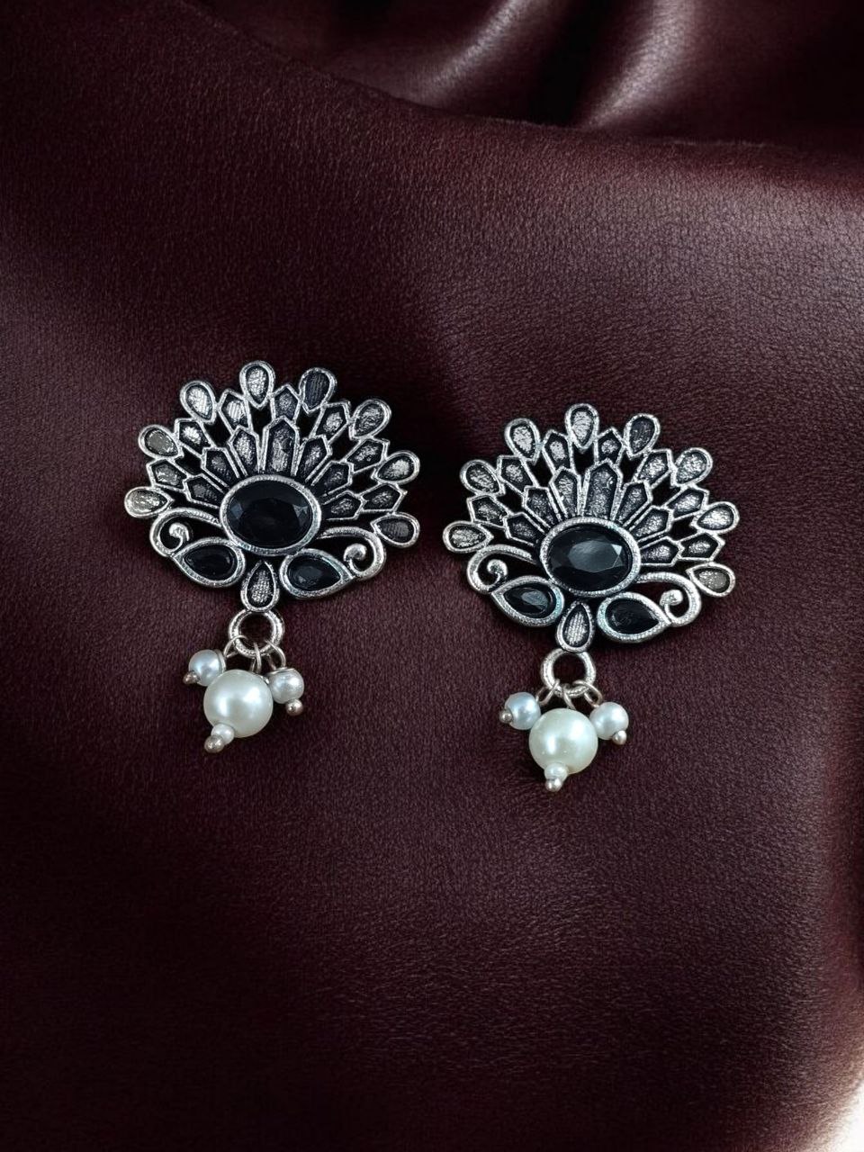 German Silver Unique Stud Earrings | Ethnic Pearl & Stone Work Jewelry 8 German Silver stud earrings with pearl and stone ethnic design