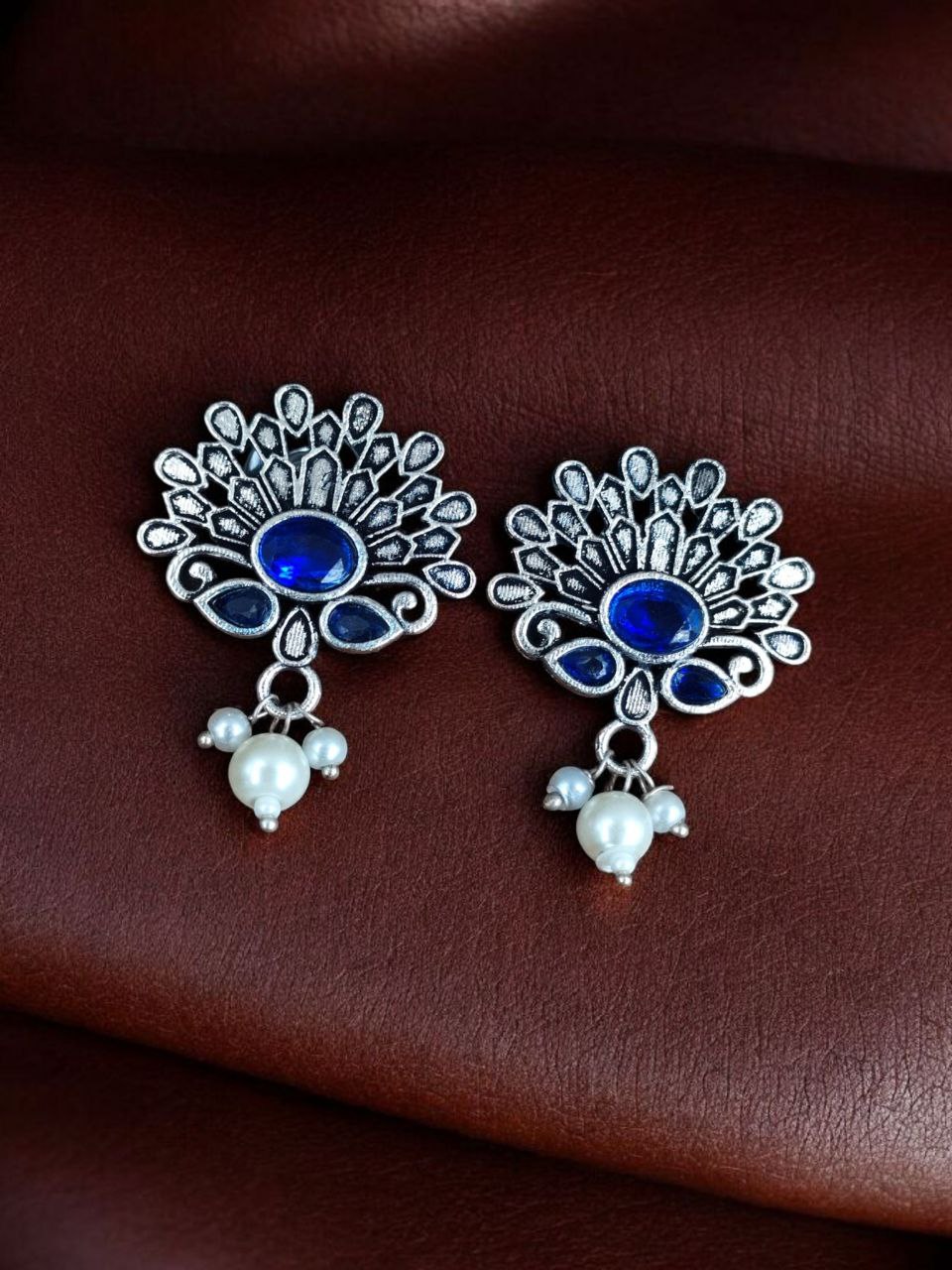 German Silver Unique Stud Earrings | Ethnic Pearl & Stone Work Jewelry 6 German Silver unique stud earrings with pearl and stone ethnic design