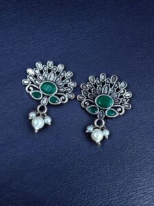 German Silver Unique Stud Earrings | Ethnic Pearl & Stone Work Jewelry - color: "Green"