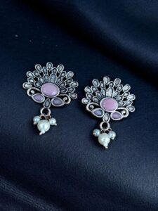 German Silver Unique Stud Earrings | Ethnic Pearl & Stone Work Jewelry - color: "Baby Pink"