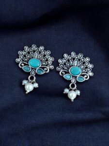 German Silver Unique Stud Earrings | Ethnic Pearl & Stone Work Jewelry - color: "Mint"