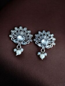 German Silver Unique Stud Earrings | Ethnic Pearl & Stone Work Jewelry - color: "White"