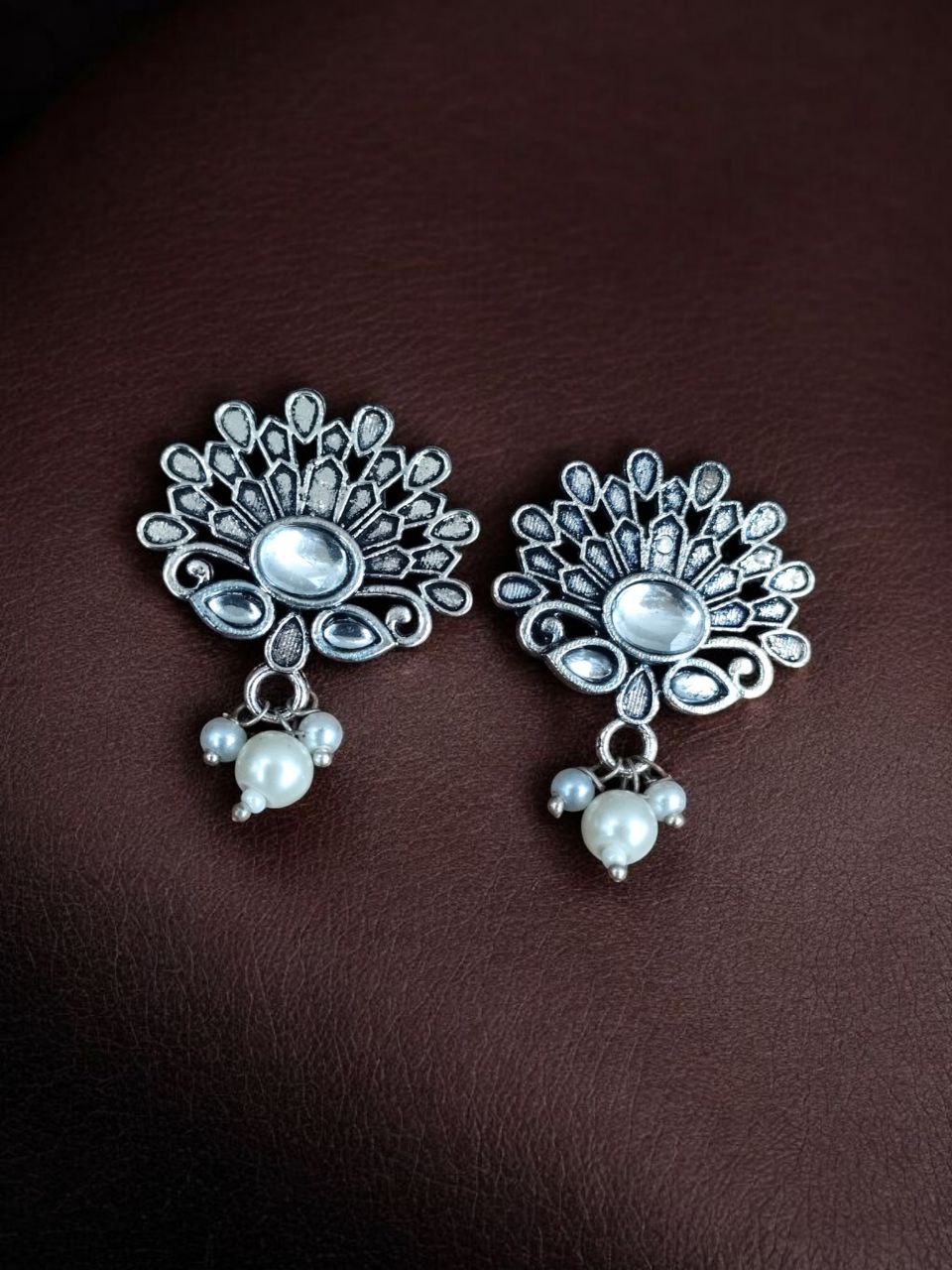 German Silver Unique Stud Earrings | Ethnic Pearl & Stone Work Jewelry 2 German Silver stud earrings with pearl and stone ethnic design