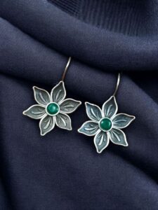 Oxidized Silver Plated Flower Hook Earrings | Dangler Daily Wear Amazing Jewelry - color: "Green"