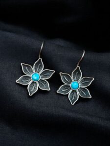 Oxidized Silver Plated Flower Hook Earrings | Dangler Daily Wear Amazing Jewelry - color: "Aqua"