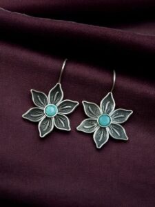 Oxidized Silver Plated Flower Hook Earrings | Dangler Daily Wear Amazing Jewelry - color: "Mint"