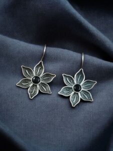 Oxidized Silver Plated Flower Hook Earrings | Dangler Daily Wear Amazing Jewelry - color: "Black"