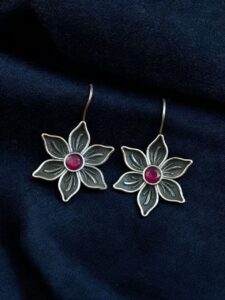 Oxidized Silver Plated Flower Hook Earrings | Dangler Daily Wear Amazing Jewelry - color: "Red"