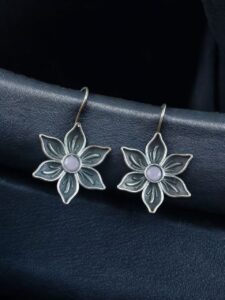 Oxidized Silver Plated Flower Hook Earrings | Dangler Daily Wear Amazing Jewelry - color: "Baby Pink"