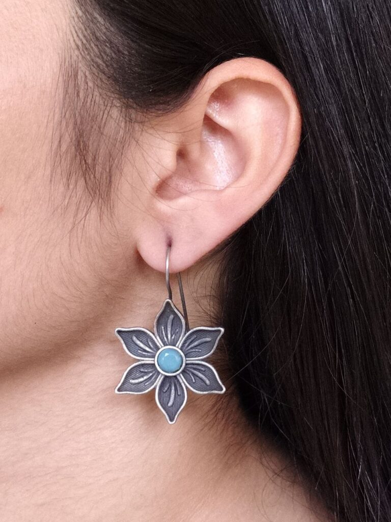 Oxidized Silver Plated Flower Hook Earrings | Dangler Daily Wear Amazing Jewelry