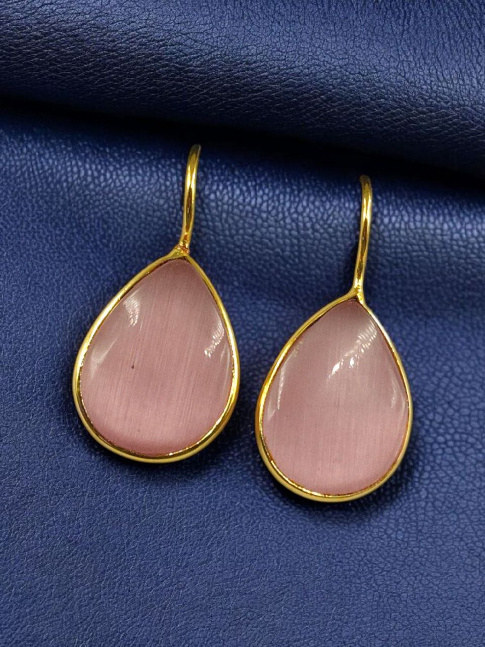 Traditional Ethnic Drop Shape Earrings | Gold Plated Monalisa Stone Best Hook Dangler Jewelry 3 Gold plated Monalisa stone ethnic drop shape hook dangler earrings