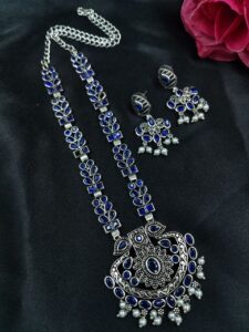 Traditional Oxidized Necklace Set | Pearl & Stone Detailing Handmade Perfect Party Wear Jewelry - color: "Blue"