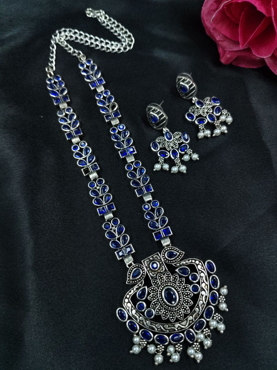 Traditional Oxidized Necklace Set | Pearl & Stone Detailing Handmade Perfect Party Wear Jewelry 3 Traditional oxidized necklace set with pearl and stone detailing