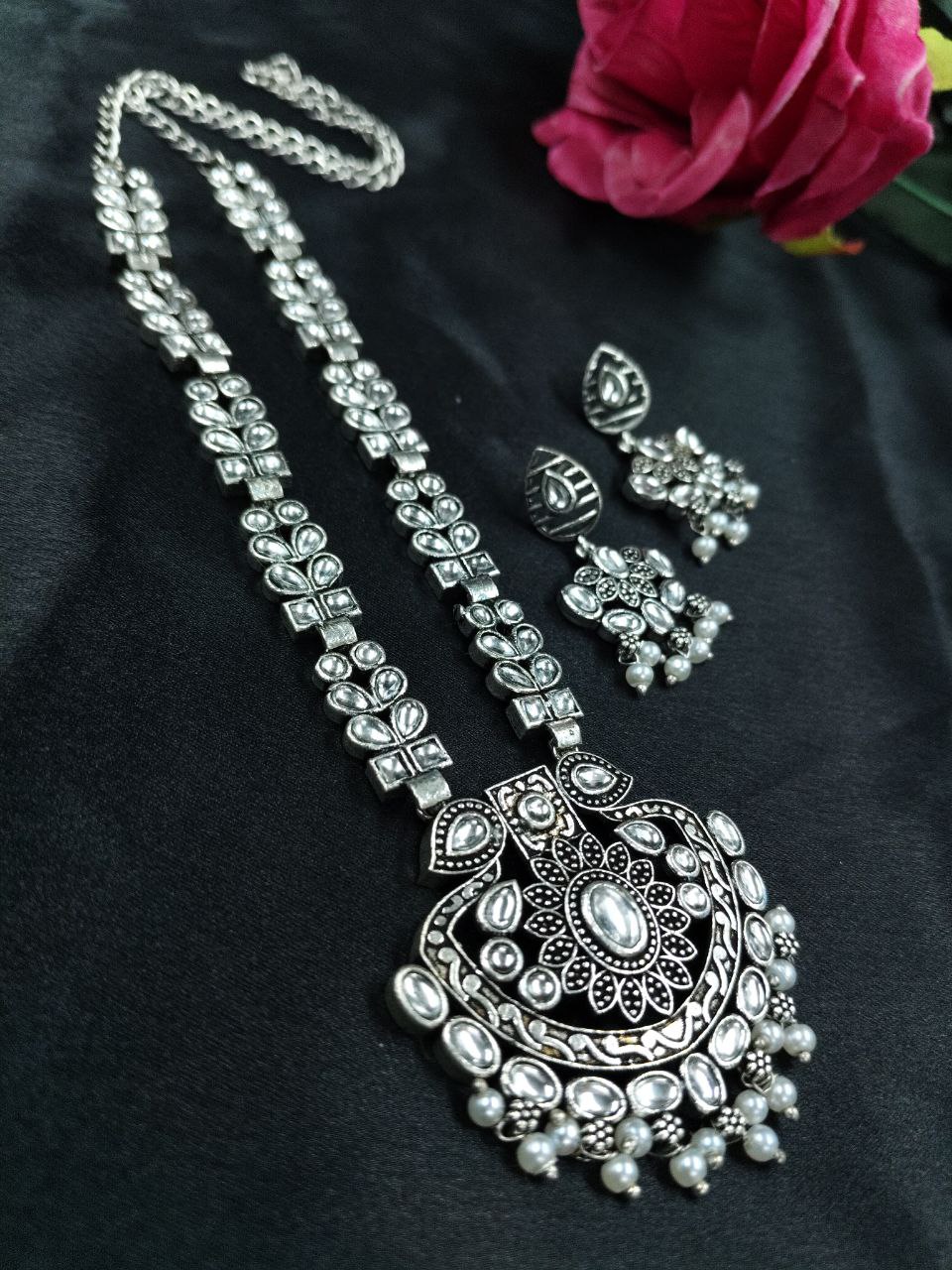 Traditional Oxidized Necklace Set | Pearl & Stone Detailing Handmade Perfect Party Wear Jewelry 4 Traditional oxidized necklace set with pearl and stone detailing