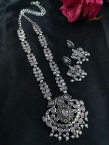 Traditional Oxidized Necklace Set | Pearl & Stone Detailing Handmade Perfect Party Wear Jewelry - color: "Baby Pink"
