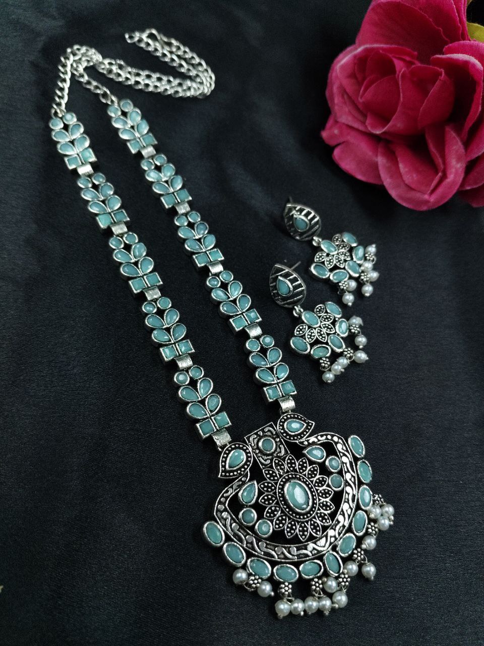 Traditional Oxidized Necklace Set | Pearl & Stone Detailing Handmade Perfect Party Wear Jewelry 5 Traditional oxidized necklace set with pearl and stone detailing