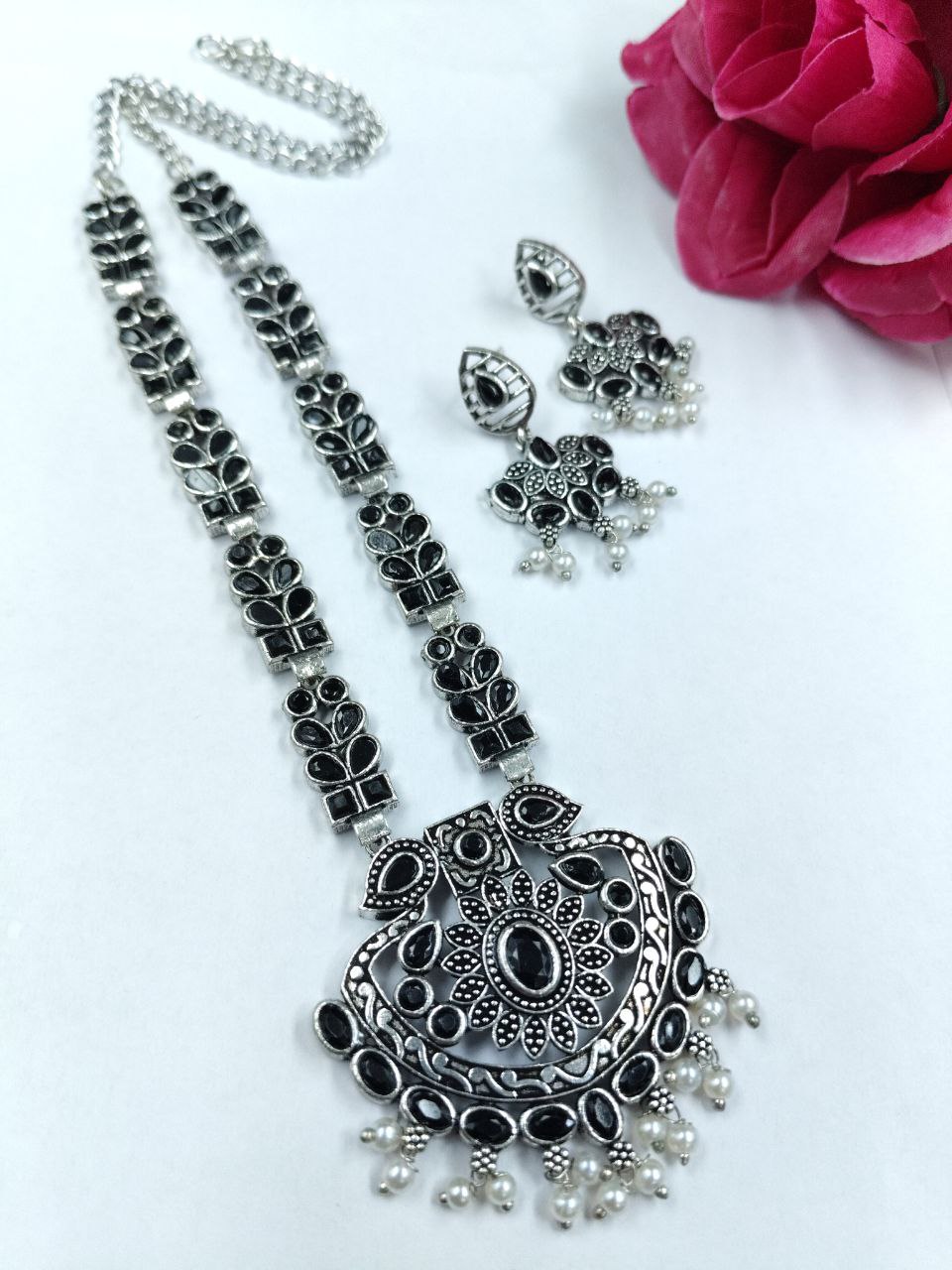 Traditional Oxidized Necklace Set | Pearl & Stone Detailing Handmade Perfect Party Wear Jewelry 8 Traditional oxidized necklace set with pearl and stone detailing