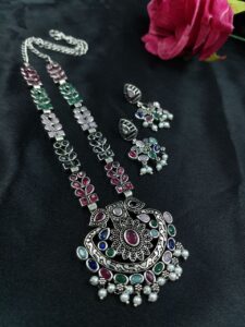 Traditional Oxidized Necklace Set | Pearl & Stone Detailing Handmade Perfect Party Wear Jewelry - color: "Multi"