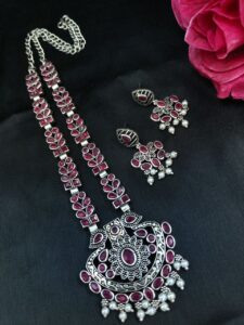 Traditional Oxidized Necklace Set | Pearl & Stone Detailing Handmade Perfect Party Wear Jewelry - color: "Red"