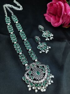 Traditional Oxidized Necklace Set | Pearl & Stone Detailing Handmade Perfect Party Wear Jewelry - color: "Green"