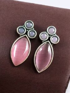 Monalisa Stone Silver Plated Stud Earrings | Oxidized Traditional Stylish Best Jewelry - color: "Baby Pink"