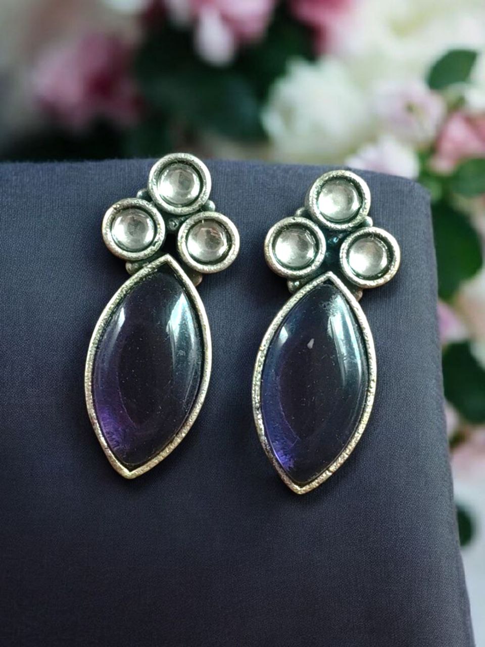 Monalisa Stone Silver Plated Stud Earrings | Oxidized Traditional Stylish Best Jewelry 7 Monalisa Stone Silver Plated Stud Earrings Oxidized