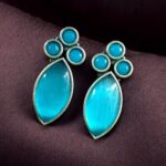 Bulk 142 Monalisa Stone Silver Plated Stud Earrings | Oxidized Traditional Stylish Best Jewelry - "Aqua"