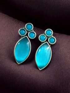 Monalisa Stone Silver Plated Stud Earrings | Oxidized Traditional Stylish Best Jewelry - color: "Aqua"
