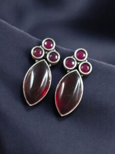Monalisa Stone Silver Plated Stud Earrings | Oxidized Traditional Stylish Best Jewelry - color: "Red"