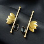 Bulk 134 Handmade Gold Plated Lotus Stud Earrings | Monalisa Stone Ethnic Design Beautiful Jewelry - "Black"