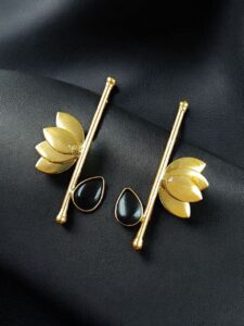 Handmade Gold Plated Lotus Stud Earrings | Monalisa Stone Ethnic Design Beautiful Jewelry - color: "Black"