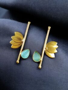 Handmade Gold Plated Lotus Stud Earrings | Monalisa Stone Ethnic Design Beautiful Jewelry - color: "Aqua"